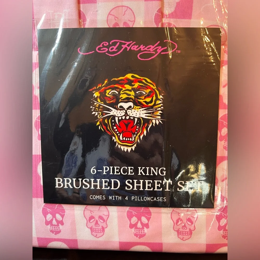 Ed Hardy King Pink Skull 6pc Sheet Set Double Brushed Y2K Bedding